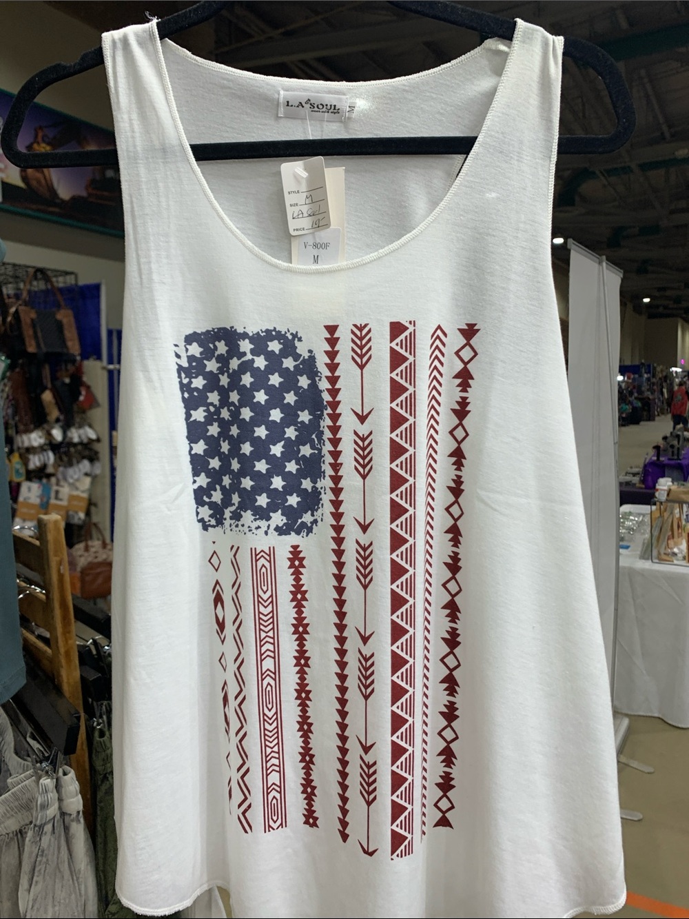 LA Soul White Tank Top with Red & Blue  Flag Print